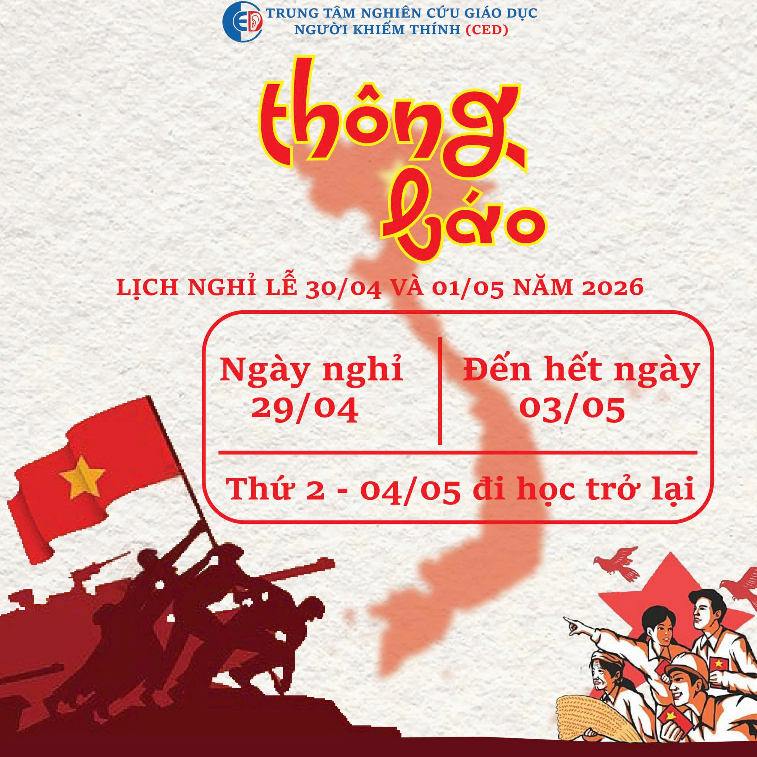 THÔNG BÁO: LỊCH NGHỈ LỄ GIỖ TỔ HÙNG VƯƠNG MÙNG 10/3, GIẢI PHÓNG MIỀN NAM 30/04 VÀ QUỐC TẾ LAO ĐỘNG 01/05/2026