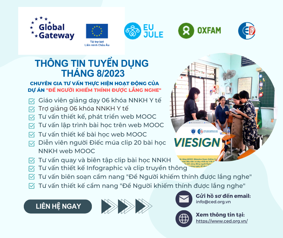 THÔNG BÁO TUYỂN DỤNG CHUYÊN GIA TƯ VẤN THỰC HIỆN CÁC HOẠT ĐỘNG CỦA DỰ ÁN "ĐỂ NGƯỜI KHIẾM THÍNH ĐƯỢC LẮNG NGHE"