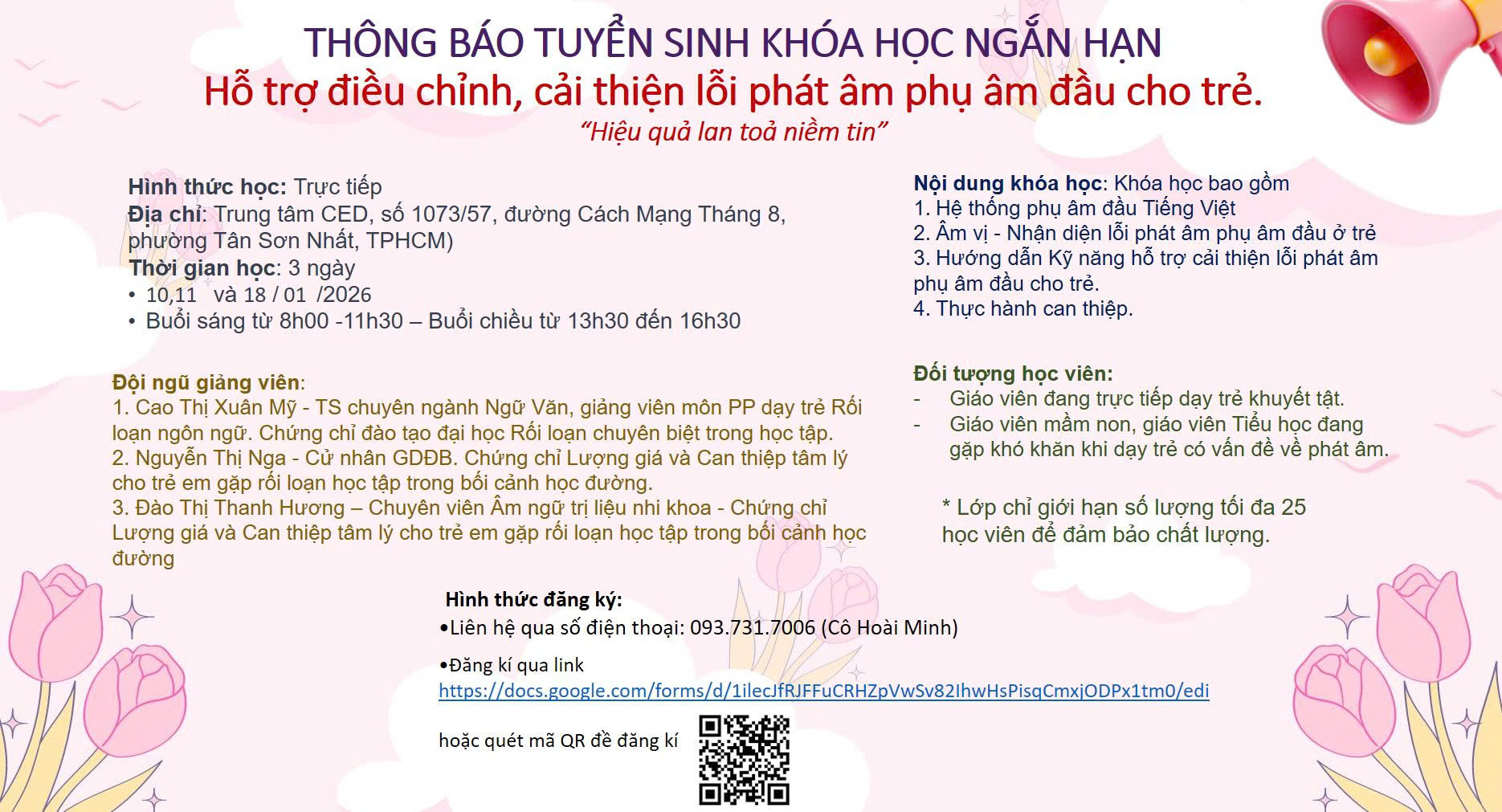 [Chia sẻ thông tin] Thông báo tuyển sinh khóa học ngắn hạn: HỖ TRỢ ĐIỀU CHỈNH, CẢI THIỆN LỖI PHÁT ÂM PHỤ ÂM ĐẦU CHO TRẺ