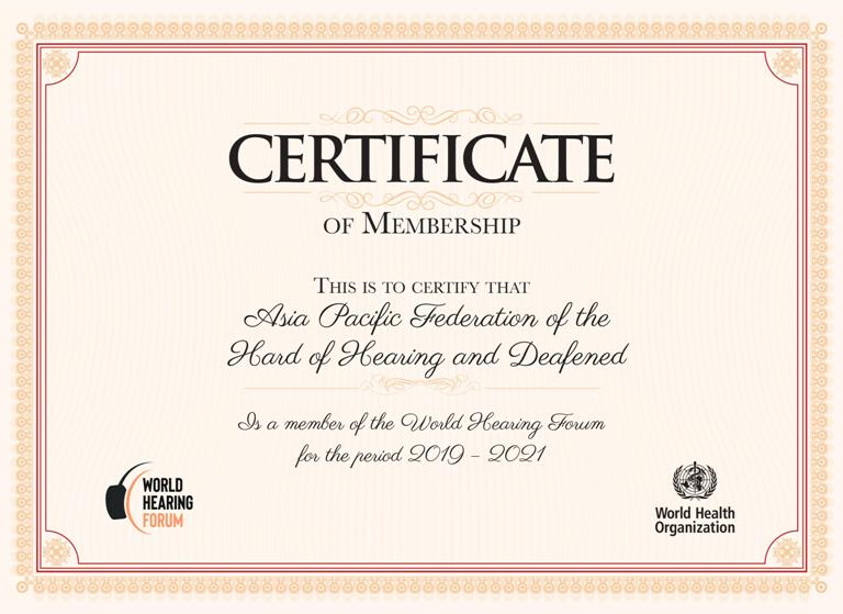 ASIA PACIFIC FEDERATION OF THE HARD OF HEARING AND DEAFENED (APFHD) TO BE AS A MEMEBER OF WHO