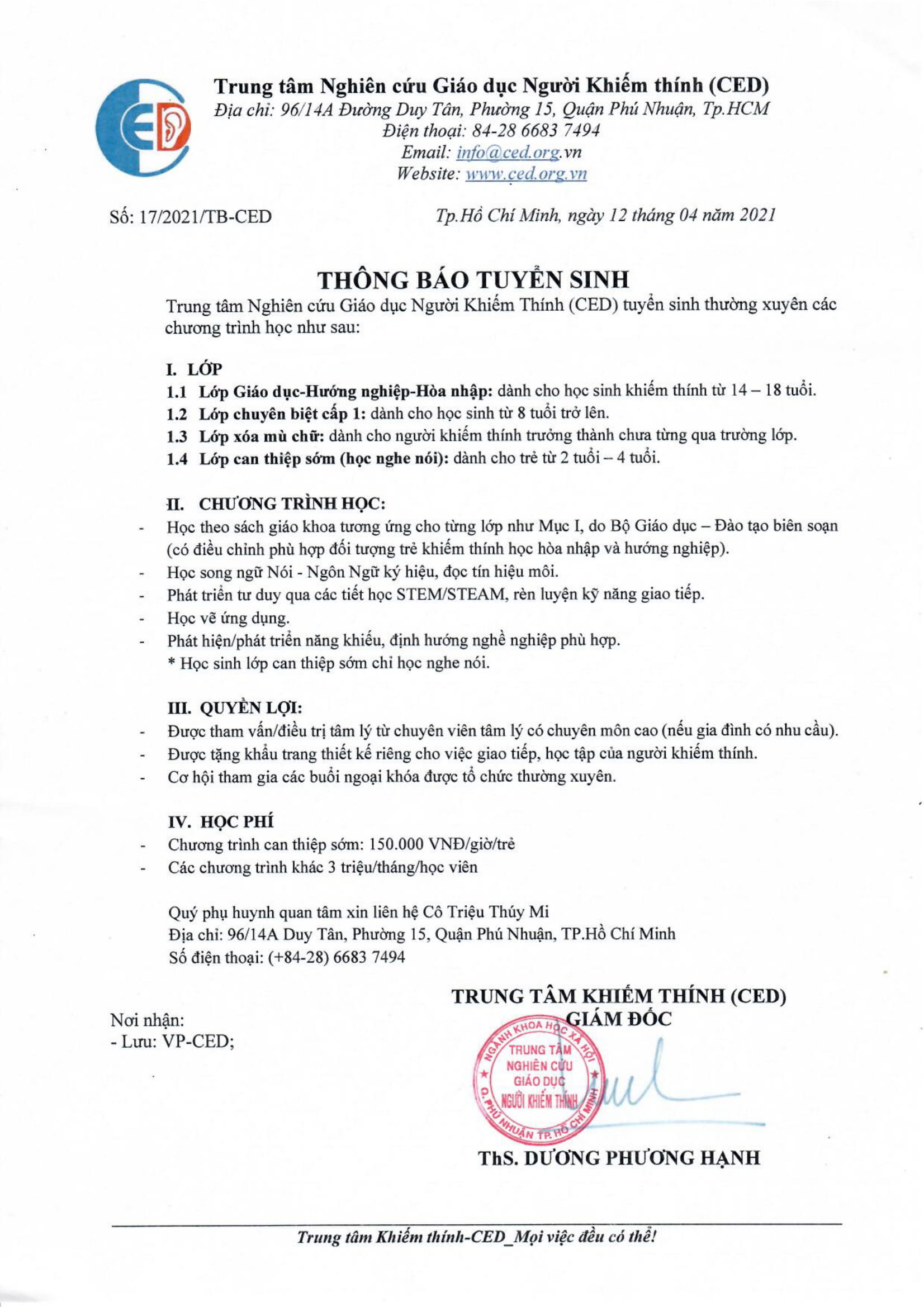 THÔNG BÁO TUYỂN SINH