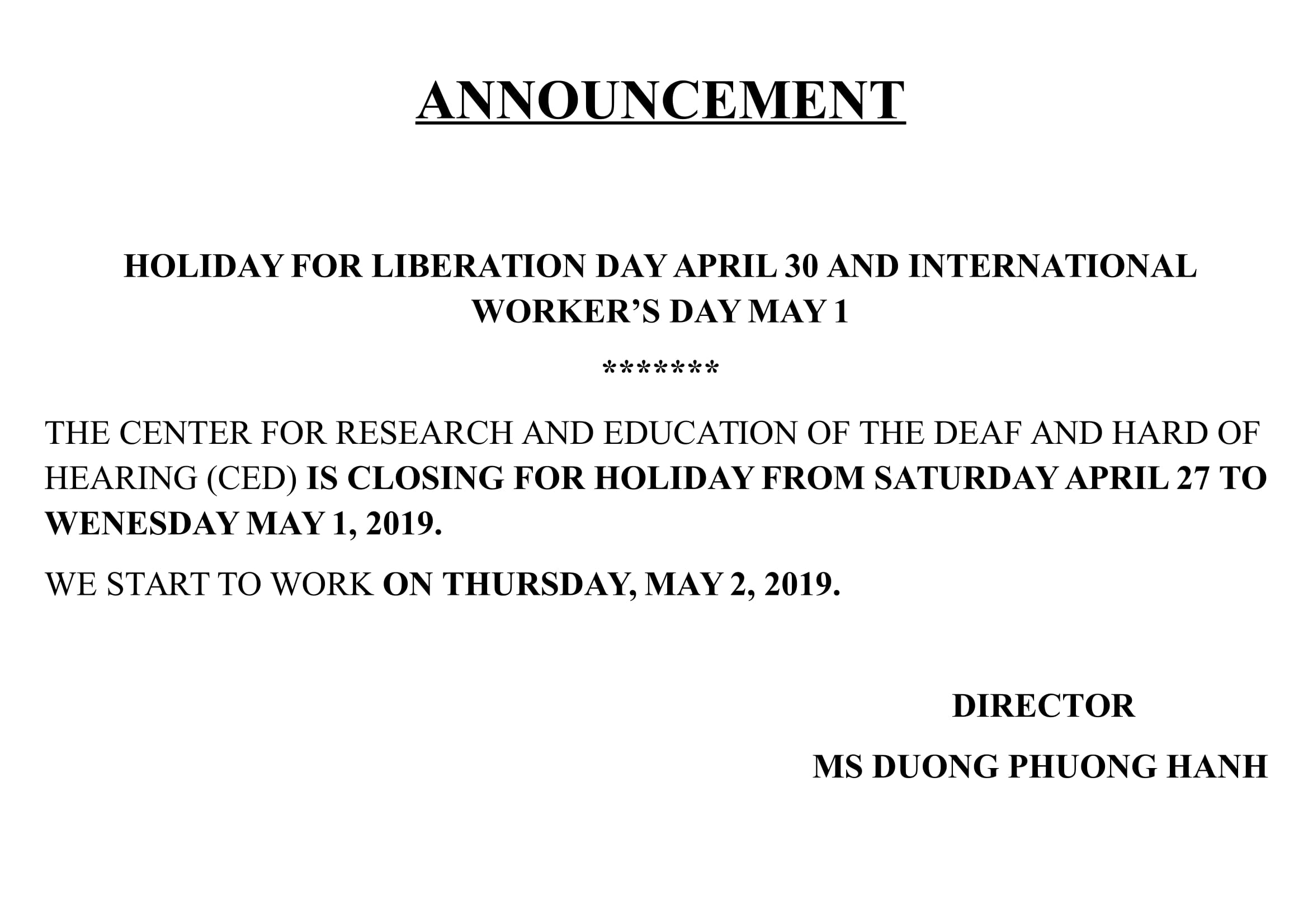ANNOUCEMENT: HOLIDAY FOR LIBERATION DAY APRIL 30 AND INTERNATIONAL WORKER’S DAY MAY 1 (2019)