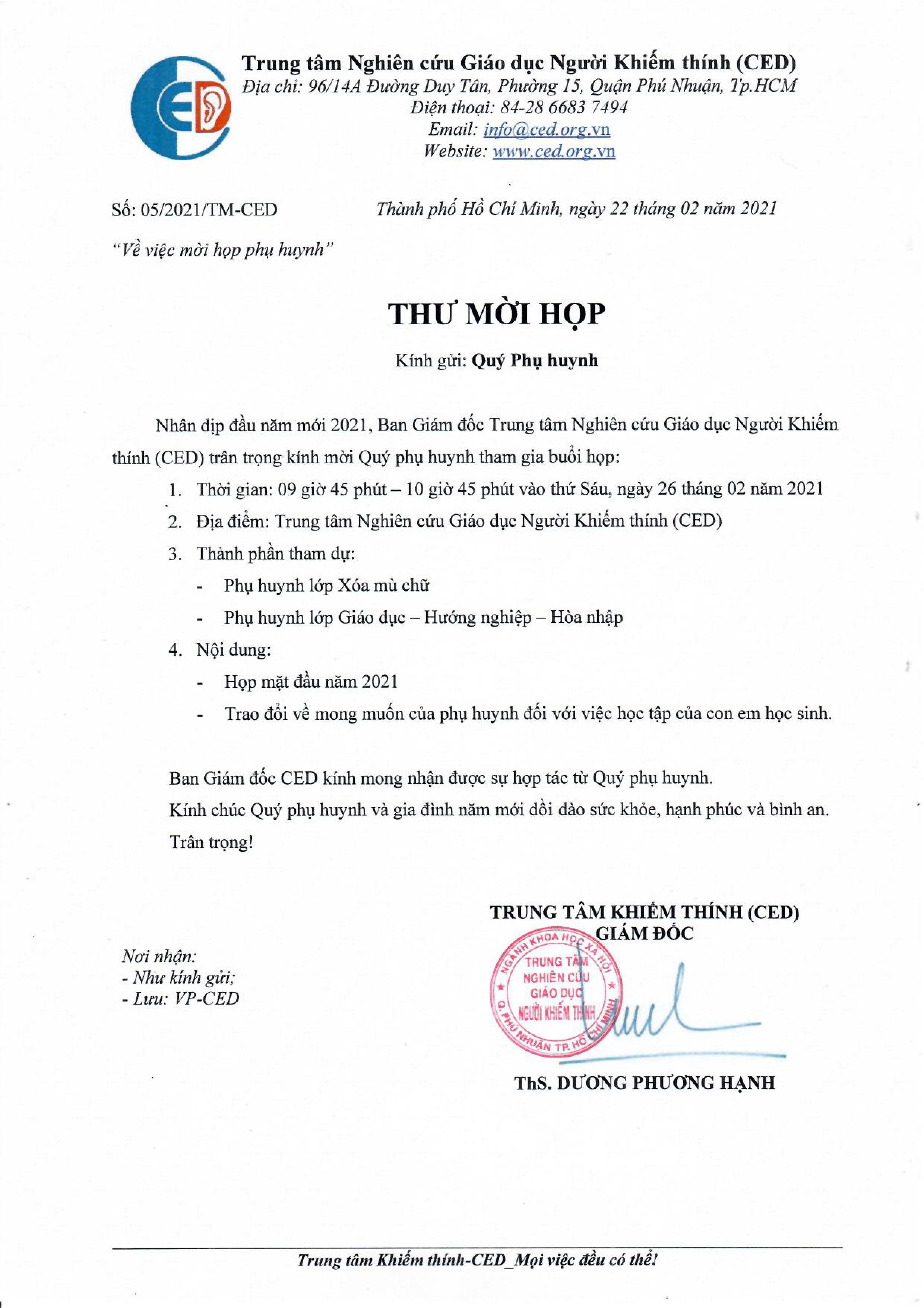 Thư Mời Họp Phụ Huynh Đầu Năm 2021