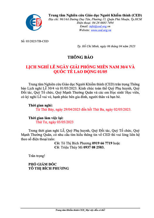 THÔNG BÁO  LỊCH NGHỈ LỄ NGÀY GIẢI PHÓNG MIỀN NAM 30/4 VÀ QUỐC TẾ LAO ĐỘNG 01/05