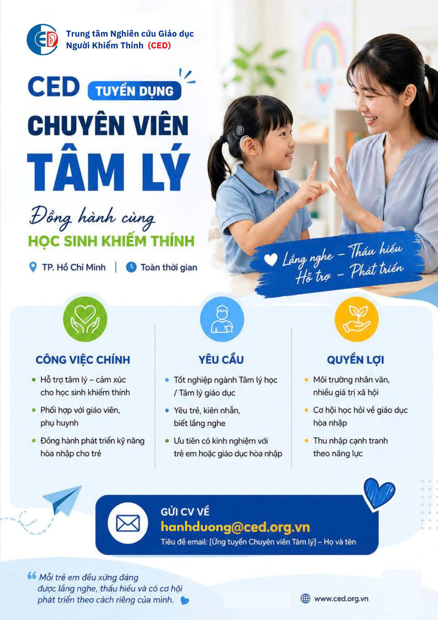 THÔNG BÁO TUYỂN DỤNG - CHUYÊN VIÊN TÂM LÝ